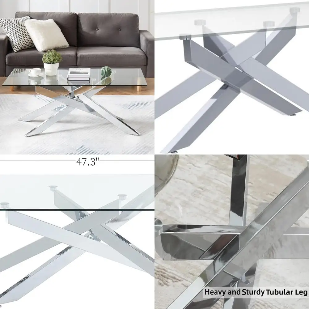 Modern Rectangular Coffee Table with Tempered Glass, Metal Legs, 47.3 x 23.6 x 18.1, Silver Finish