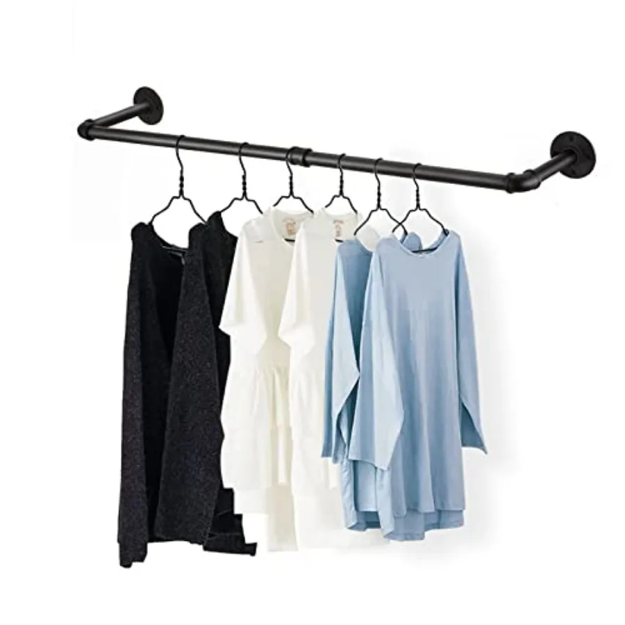 

48" Wall Mounted Clothes Rack Industrial Pipe Black Iron Garment Bar Heavy-Duty Detachable Clothing Rod Multi-Purpose Metal Wal