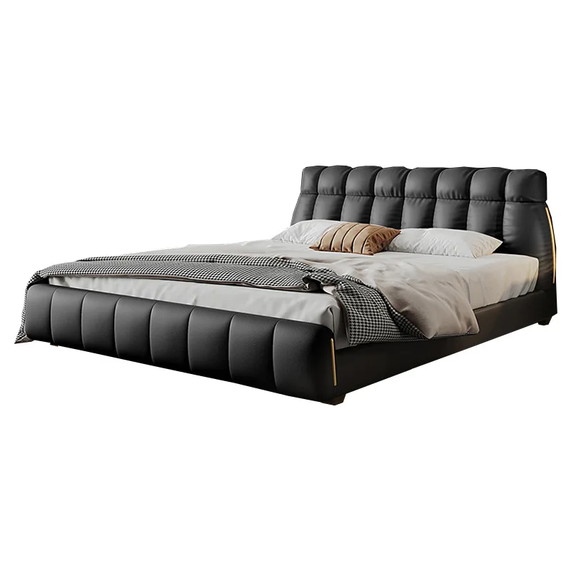 

Italian style, light luxury, leather bed, master bedroom, minimalist, black, high-end, soft bag.