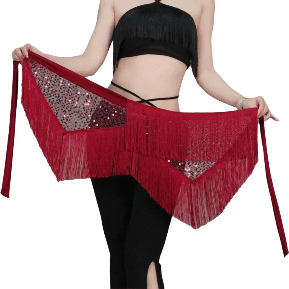 Shiny Creative Belly Dance Hip Scarf Triangle Irregular Dancing Waist Belt Long Tassel Fishnet Sequin Waist Chain Dress Up