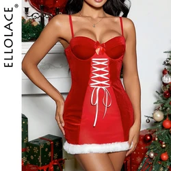 Ellolace Christmas Dress Velvet Sexy Mini Dress Lace Up Babydoll Red Festival Outfit Women Romantic Lingeries