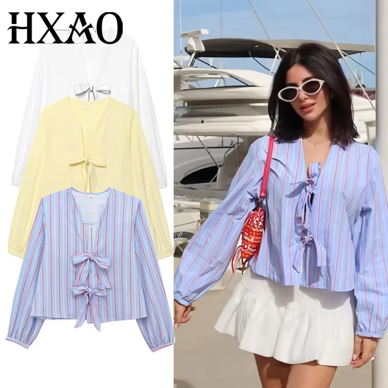 HXAO Camicetta a righe Donna 2025 Cravatta corta Camicetta bianca Top a maniche lunghe Camicetta primavera estate Tagliata Bellissime camicette da donna