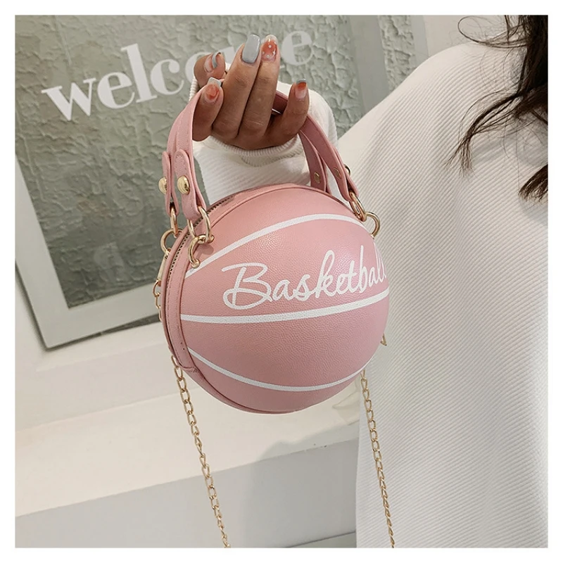 Women's Shoulder Bag PU Leather Chain Funny Round Basketball Letters Printed Youth Handbag Purse Fashion Crossbody Messenger Bag