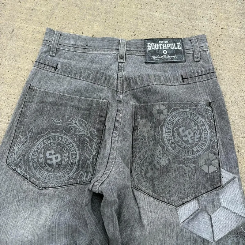 

American New Popular Letter Embroidery Pattern Printing Baggy Straight Jeans Male Y2K Gothic Punk High Waist Wide Leg Trousers