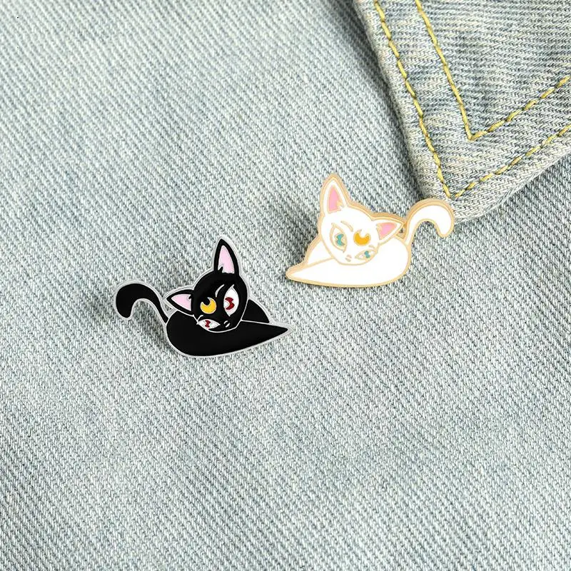 Luna Cat Enamel Pin Moon Girl Kitten Brooches Bag Lapel Pin Black White Animal Badge Jewelry Gift for Kids Fans Friends