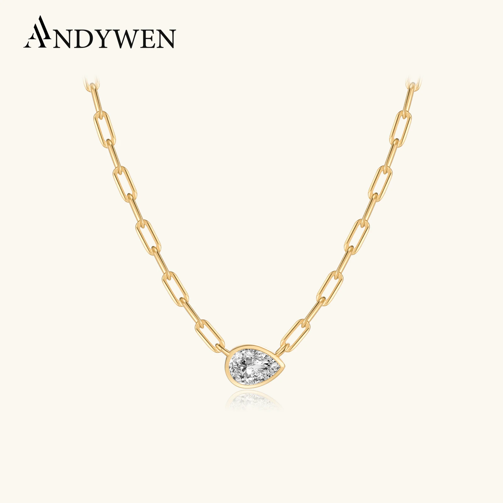 ANDYWEN 925 Sterling Silver Gold Horoscope Chain Big Pear Pendant Long Chain Necklace 2023, zimowe klejnoty dla kobiet