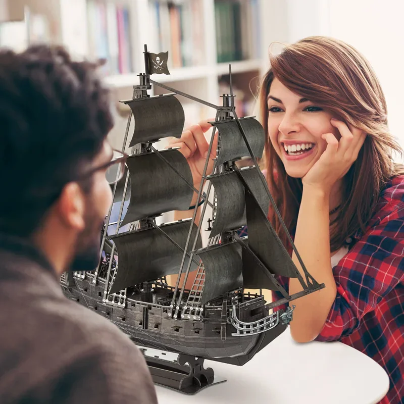 3D DIY Puzzles Large Black Pearl Pirate Ship Cardboard Anne\'s Sailboat Building Toys for Adults Kids