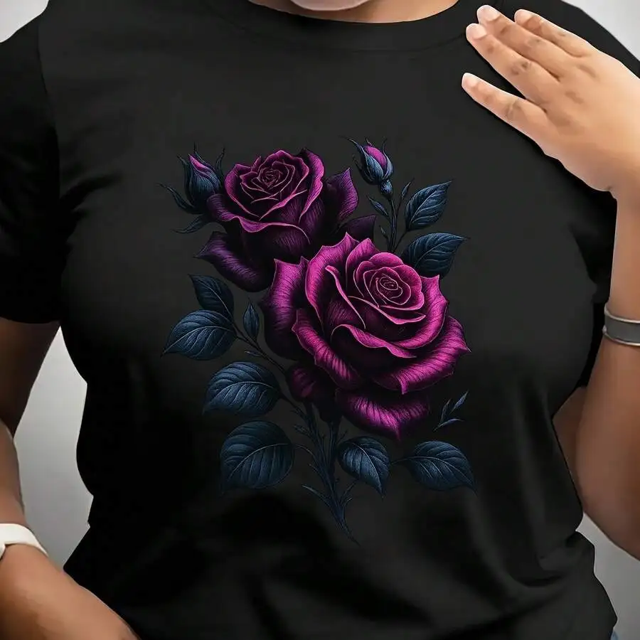 Vintage Retro Aesthetic Women Short Sleeve T‑Shirt Rich Retro Dark Two Blooming Deep Purple Rose Graphic Tee Casual Summer Tops