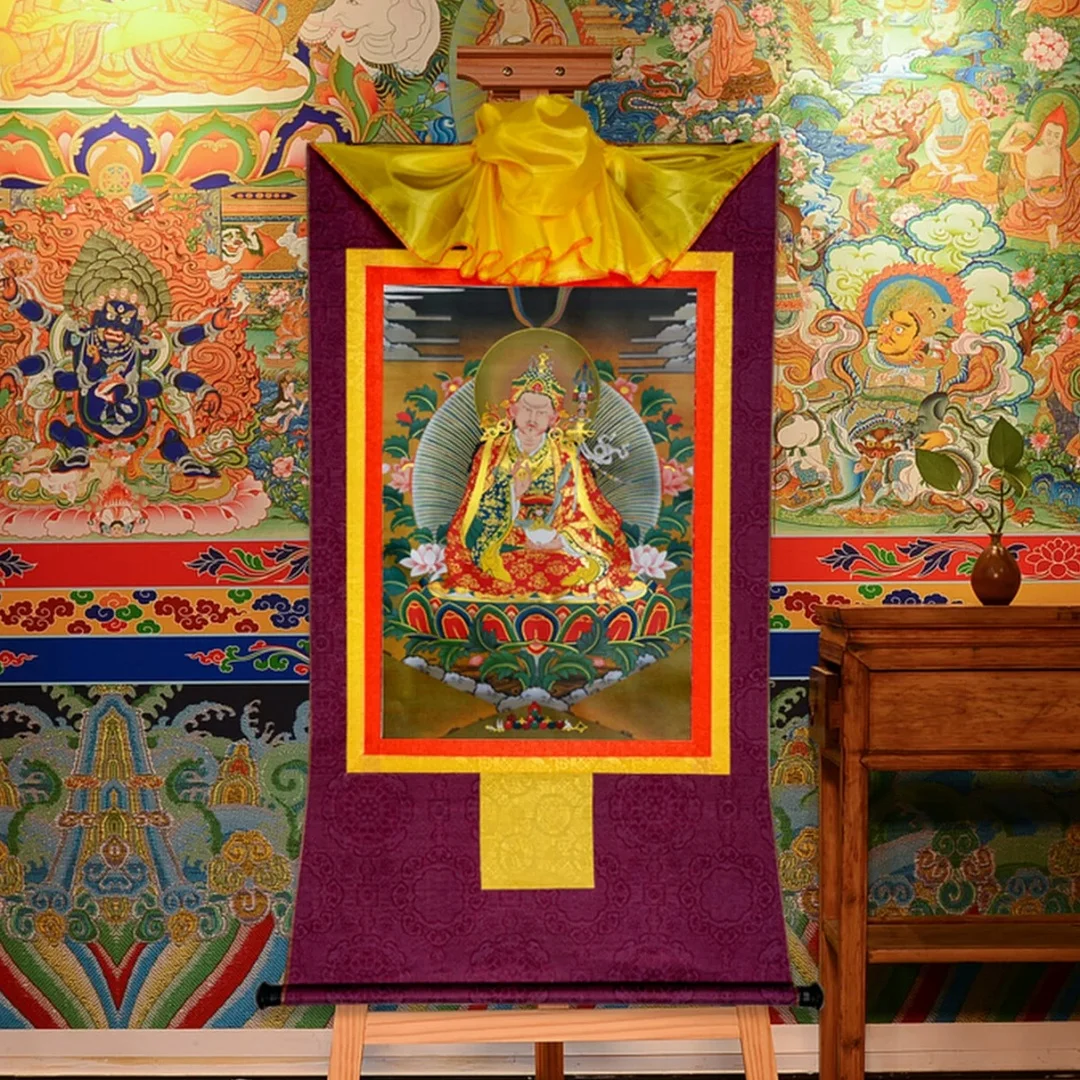 Padmasambhava Lotus Born Thangka Gold Gilt Traditional Scroll Small Wooden Roller Art for Temple Home and Altar Gift