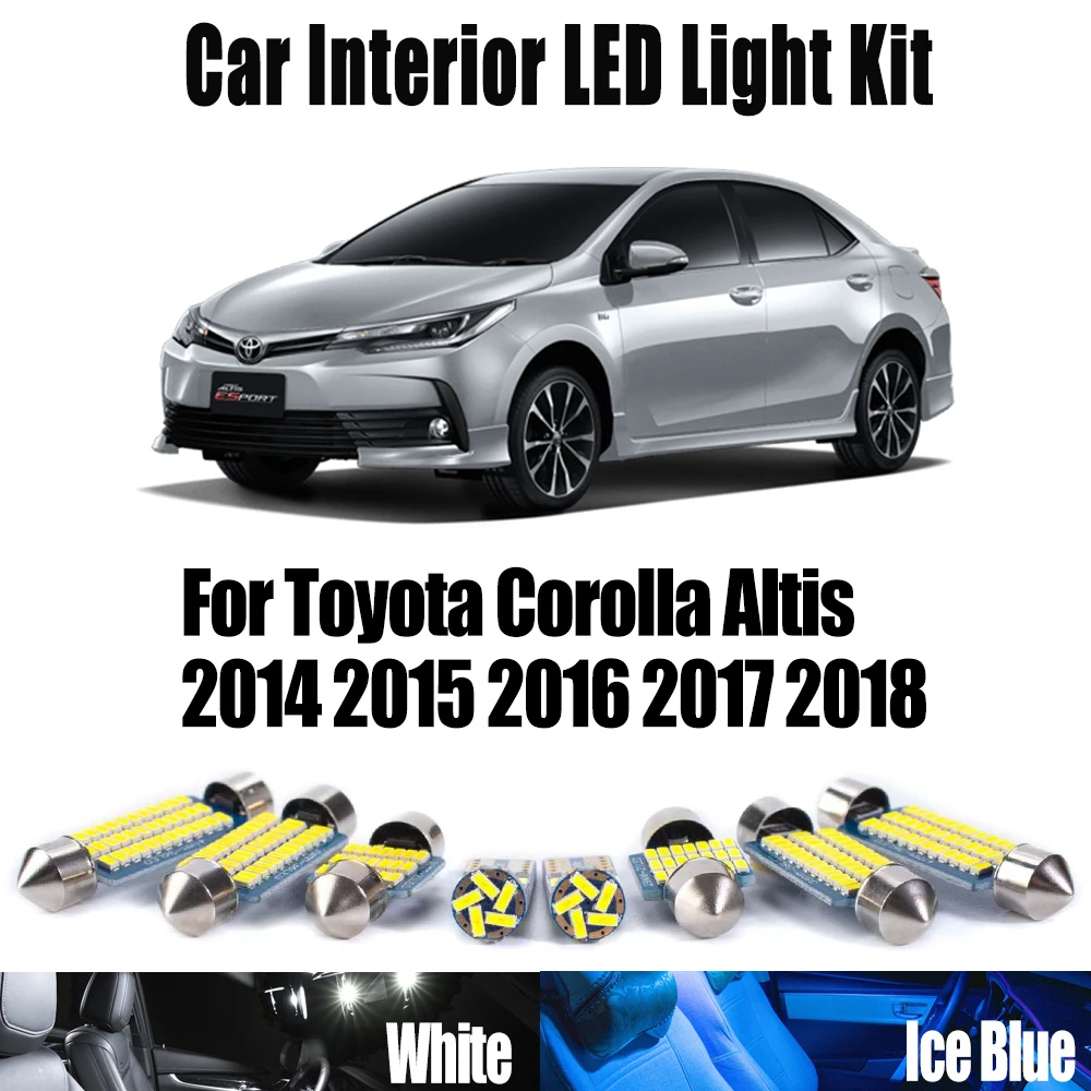 ชุดไฟ LED Canbus 14 ชิ้น สำหรับไฟภายในรถยนต์ ไฟแผนที่ ไฟโดม ไฟท้ายรถ ไฟกระจกแต่งหน้า สำหรับรถยนต์โตโยต้า โคโรลล่า อัลติส ปี 2014 2015 2016 2017 2018 อุปกรณ์เสริม