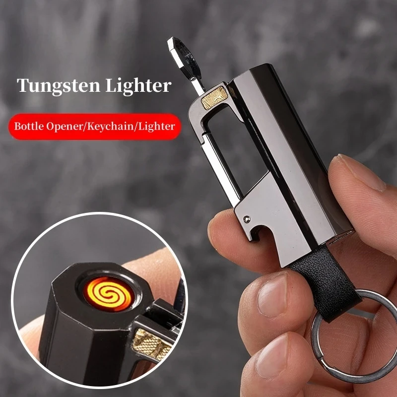 Hot New Creative Metal Multifunctional Keychain Bottle Opener USB Rechargeable Lighter Windproof Portable Tungsten Wire Igniter