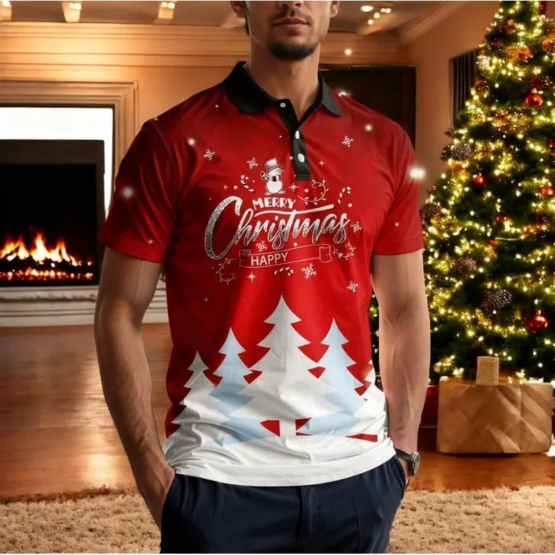 Men's Christmas Print Polo Shirt 2026 New Collar Button Up Men Women Adult Kids Holiday Party Casual Unisex Top