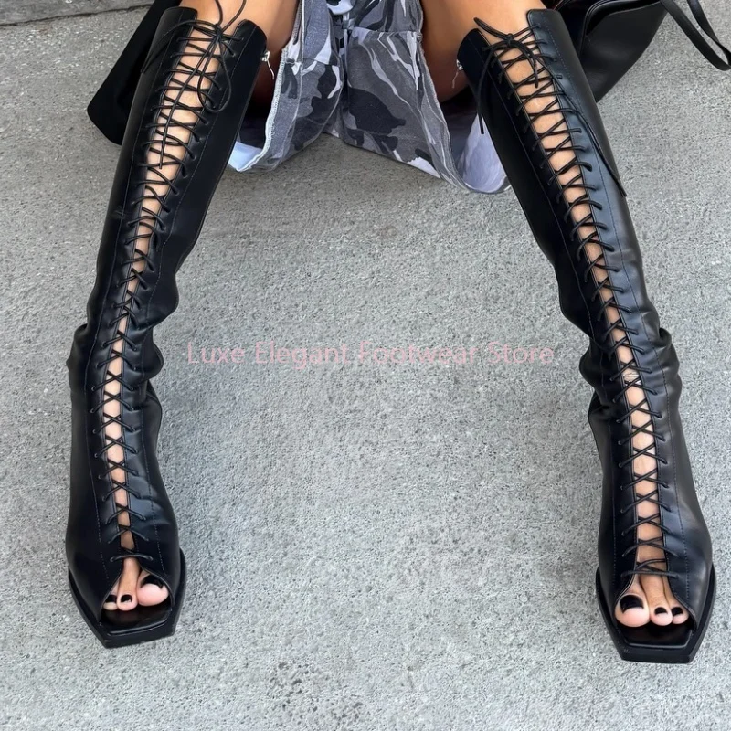 

Black Hollow Lace Up Open Toe Thin Heel Long Boots Women Square Toe Side Zipper Knee High Boots Street Style Party Catwalk Shoes