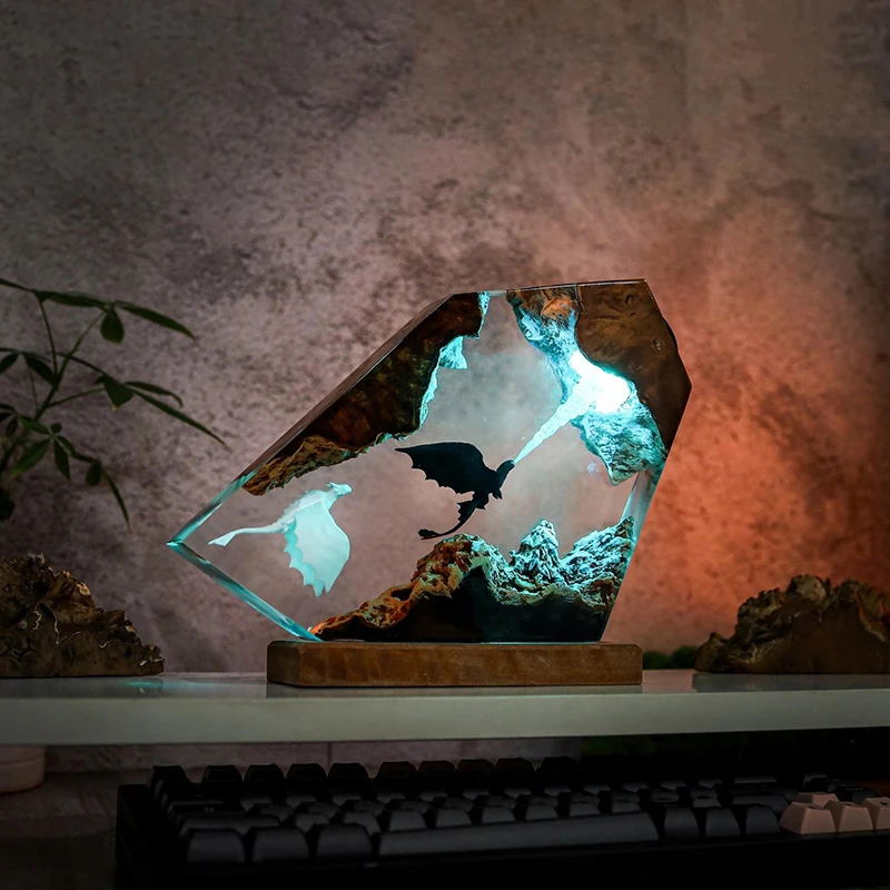 Wood Resin Epoxy Lamp Fantasy Fury Dragon Fire RGB  LED Night Light Customized Creative Artistic Desktop Home Decor USB Charge
