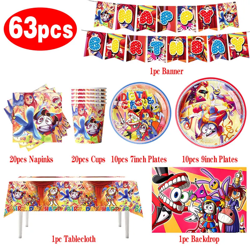 Het geweldige digitale circus Verjaardagsdecoratie Servies Beker Borden Servet Ballonset Banner Achtergrond Cadeauzakjes Feestartikelen