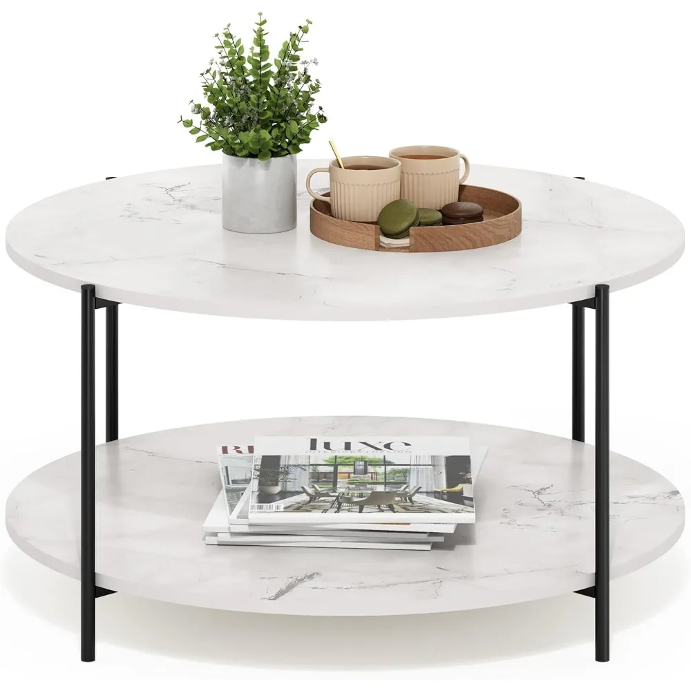 

Besi 2-Tier Modern Round Coffee Table Table with Sturdy Metal Legs, Marble White/Black