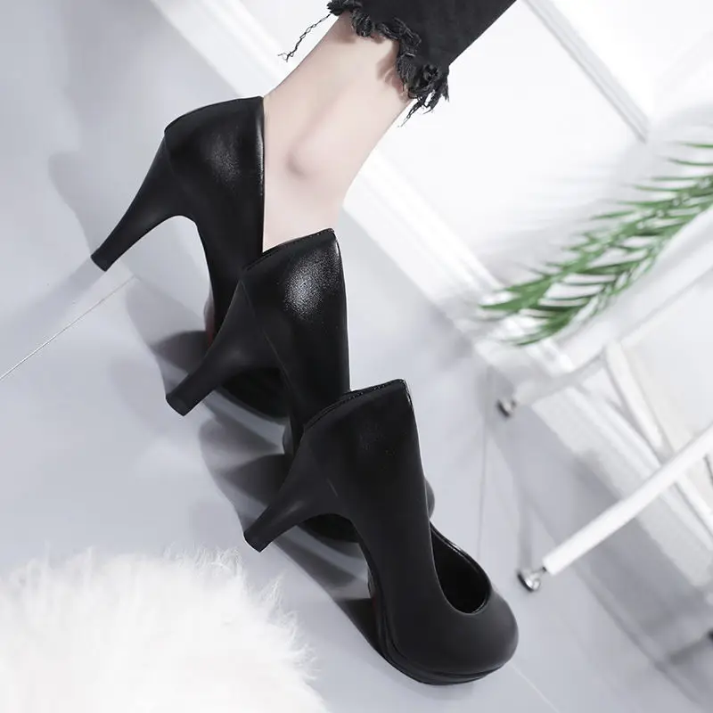 Classic Leather Women New Round Toe Pumps High Heels Shallow Model Catwalk Fashion Black Work Shoe Spring Autumn Plus Size 33-43