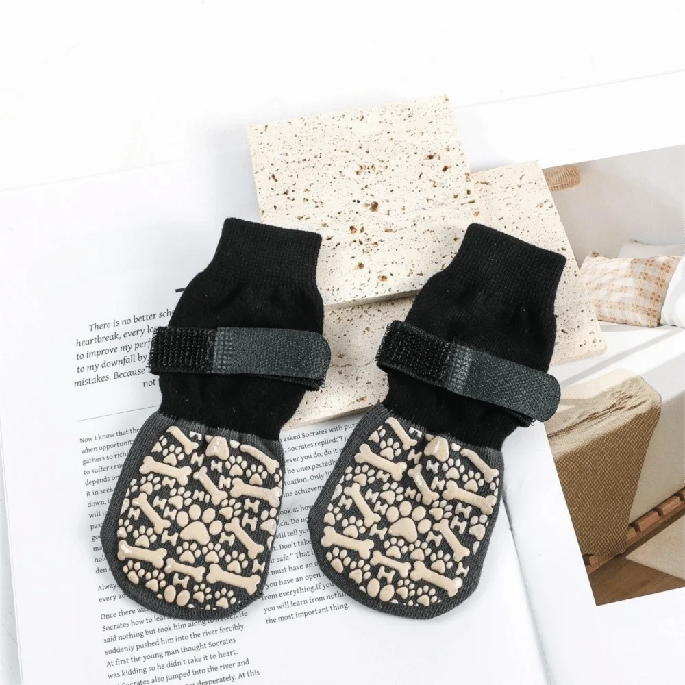 

4 pieces/set Paw Pattern Anti-Slip Dog Socks Wear Resistant Warm Dog Shoes Socks Adjustable Anti-licking Dog Foot Cover