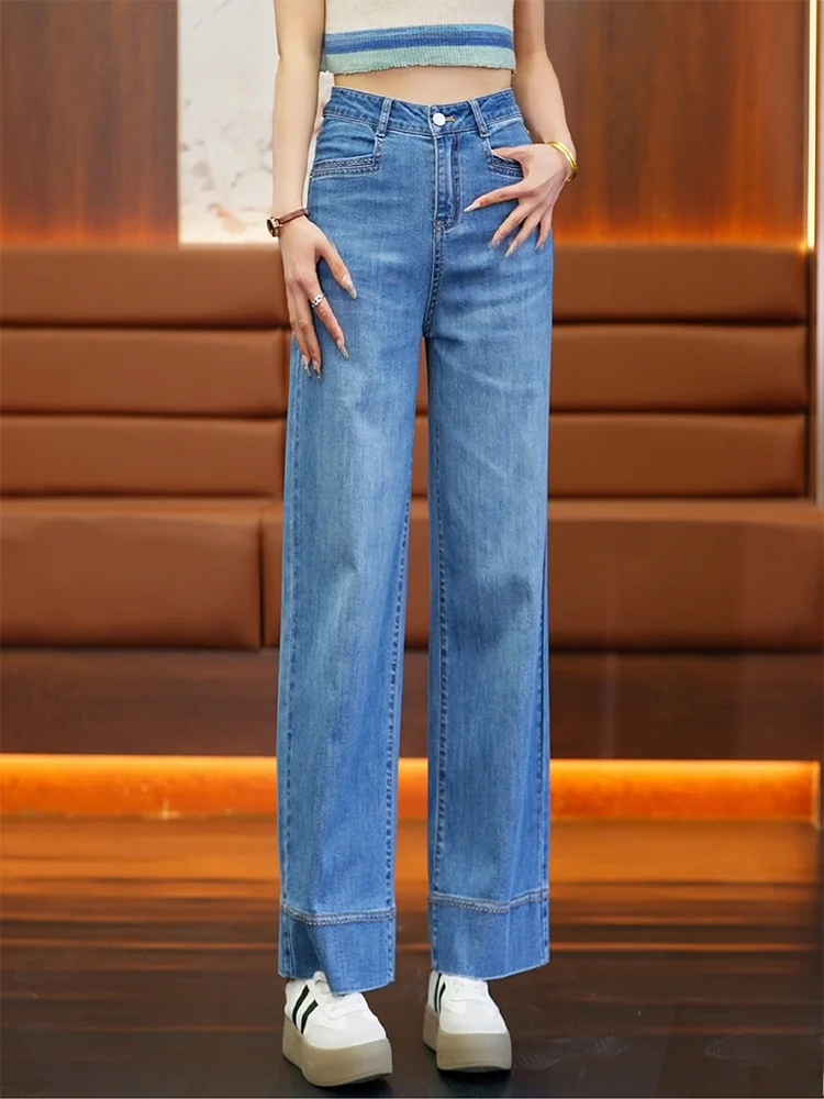 

High Waist Straight Leg Jeans Women's Summer Thin Loose Fit Versatile Long Pants Casual Cotton Blend High Waist Jeans