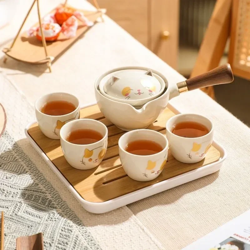Lucky Cat Pattern Tea Brewing Set Traditional Kung Fu Tea Ceramic Teaware Outdoor Travel Portable Storage Teapot Teacup Gifts
