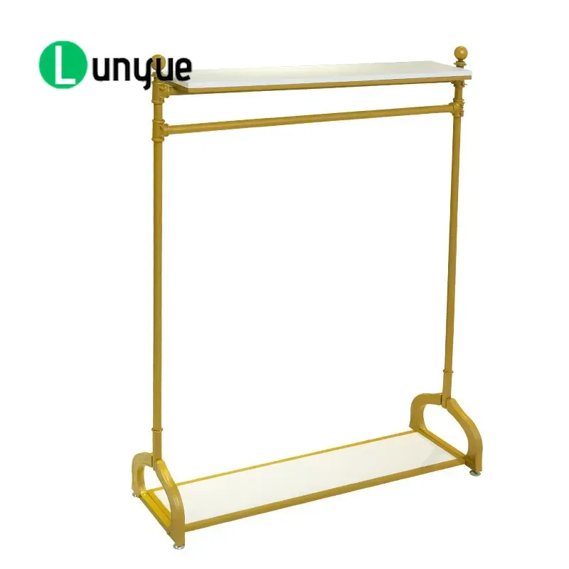 Golden Double Layer Lifting Clothing Display Rack Floor Standing Garment Shelf for Men Women Kids Wedding Store Retail Shop