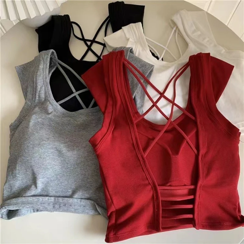 

Casual Sleeveless Crop Top With Pad Summer Women Backless Korean Bra Corset Top Fashion Square Neck Solid Color Bustier Tank Top