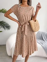 Women Spring Summer Short Sleeve High Waist Chic Dress Fashion Floral Pleated A Line Long Dress - Image 4