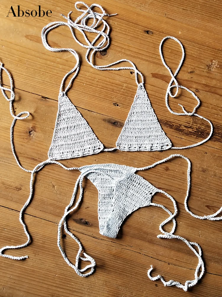 Absobe Handmade Crochet Knitted Hollow Bikini Set Women Sexy Swimwear Lace Up Swimsuit Hottie Outfit Summer Holiday Beachwear