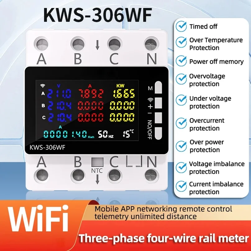 

Wi-Fi измеритель энергопотребления, монитор переменного тока AC 85-290В 80А, 3 фазы, 4 провода, на DIN-рейку, защита от перенапряжения и пониженного напряжения, счетчик электроэнергии