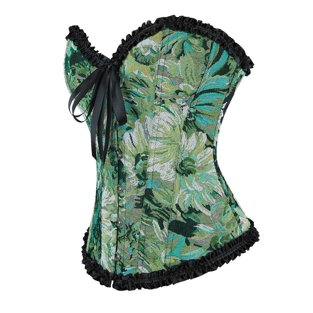 Lace Trim Overbust Corset Green Floral Oil Painting Bustier Top French Style Basques Korset