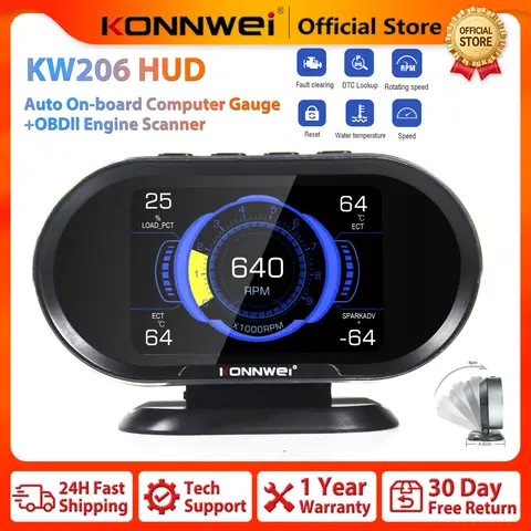 2026 KONNWEI KW206 Car OBD2 HUD Digital Instrument Computer Intelligent OBD Speedometer Water Temperature Fuel Pressure Tester
