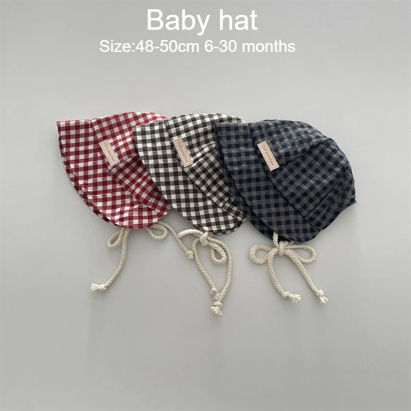 

Летняя детская панама 48-50 см, 6-30 месяцев, хлопковая, в клетку, для младенцев, солнцезащитная, ветрозащитная, на завязках, для новорожденных мальчиков и девочек, для улицы и пляжа