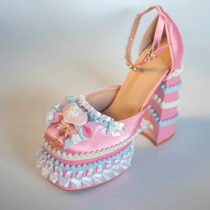 

Poppom Trims Rhinestones Chunky Heels Shoes Pleated Ruffle Cake Heels Butterfly-Knot Lolita Floral Pumps Pink Green Red