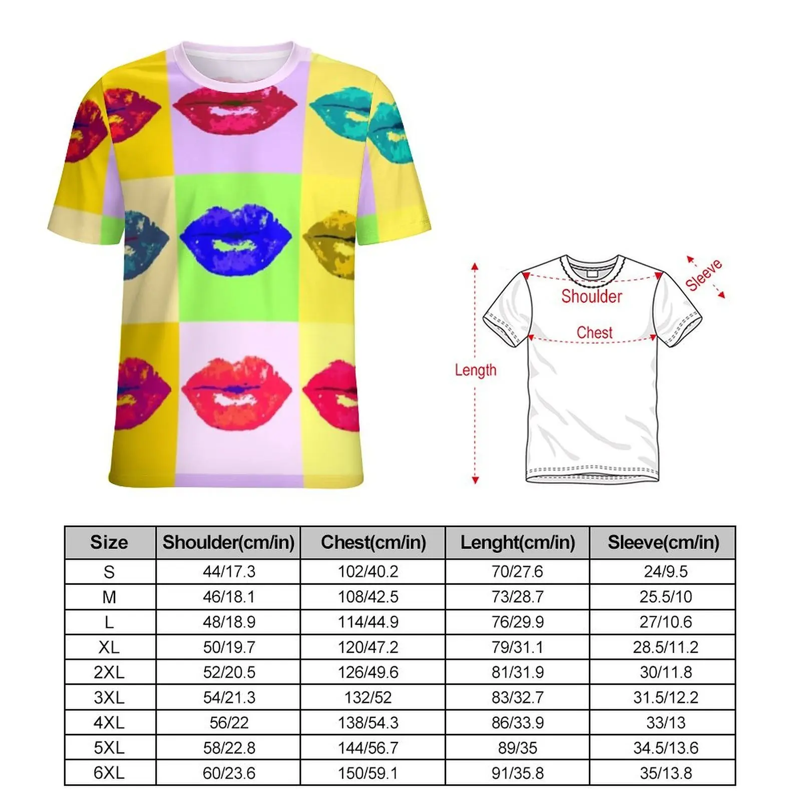 Pop Art Kiss T-Shirt Colorful Lips Print Hip Hop T-Shirts Male Kawaii Tee Shirt Summer Short-Sleeved Graphic Tees Plus Size 5XL