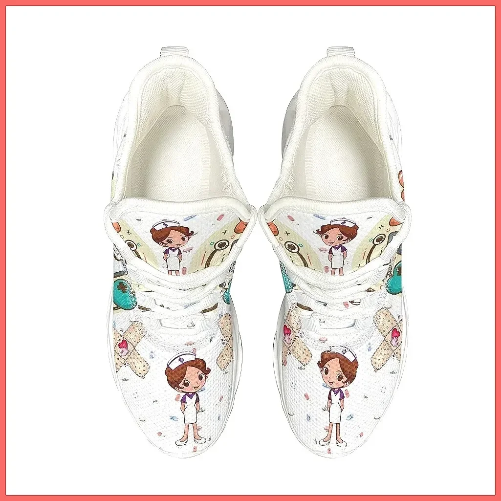 ** Cute Cartoon Print Women's Nursing Sneakers - White Medical Doctor Shoes Lightweight Lace-up Flats ** (72 characters) view 5