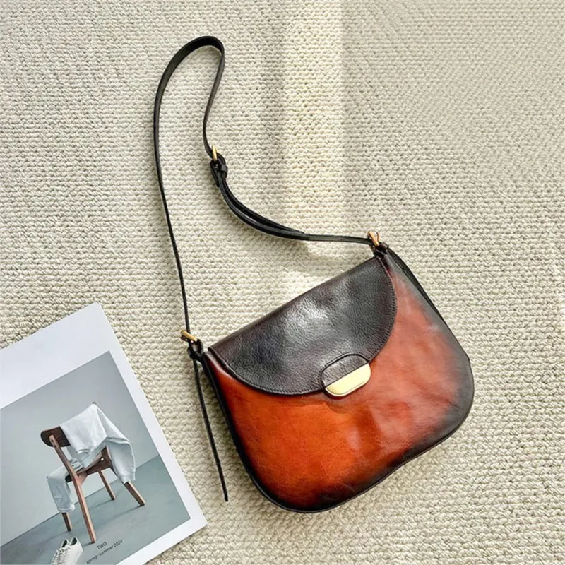 Johnature Natural Soft Cowhide Women\'s Saddle Bag 2026 New Retro Handmade Genuine Leather Solid Color Shoulder & Crossbody Bags