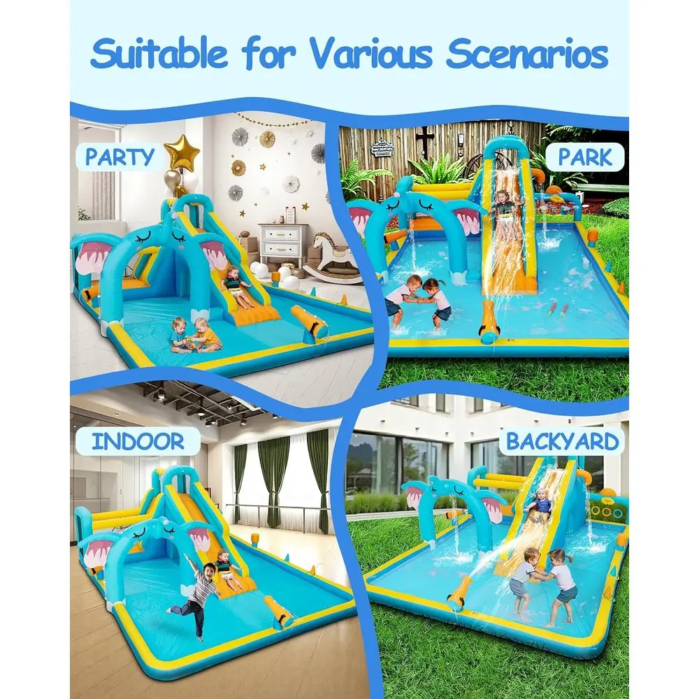 منزلق مائي قابل للاستخدام للأطفال، حديقة مائية على شكل فيل في الفناء الخلفي للصيف مع حمام سباحة كبير وشرائح طويلة، منزل ترتد Iatable، تسلق