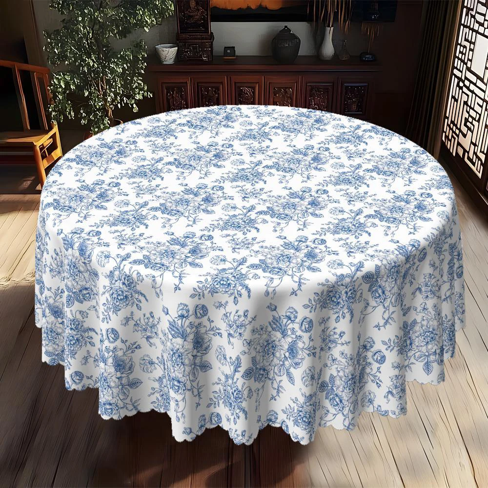 Blue White Floral Round Tablecloth, Vintage Toile Botanical Flower Print Table Cover, French Country Farmhouse Decorative Tablecloth for Kitchen Dining Room Wedding Party Holiday Indoor Outdoor Home Decor