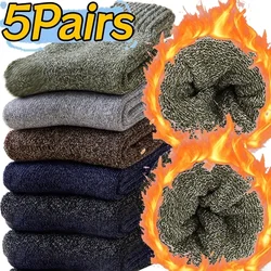 5 pares inverno quente grosso meias de lã retro sólido listrado cor meados de comprimento meia macia ultra mais grossa masculino anticongelante meias de caxemira