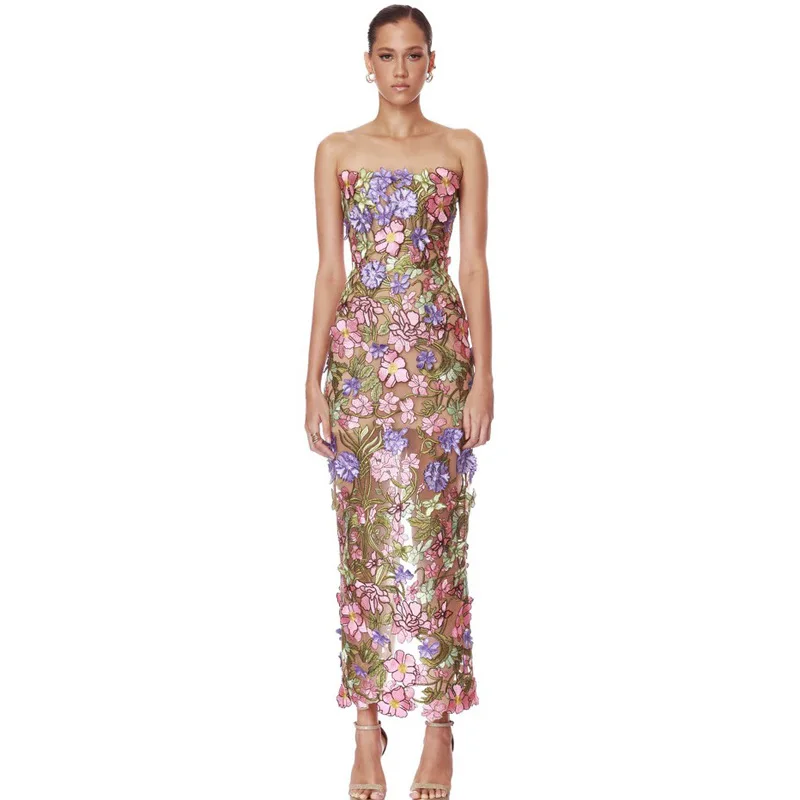 

Women’S Strapless Back Lace Up Dress Slim Fit Embroidered Sexy Party Maxi Dress