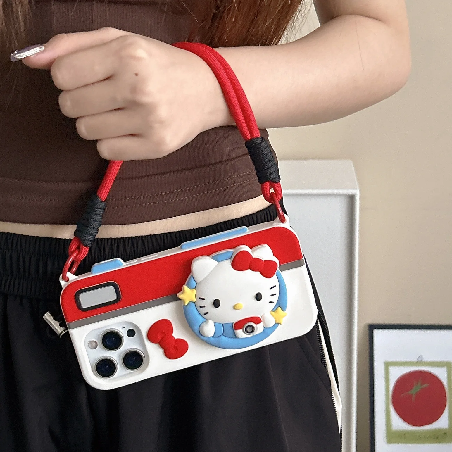 

Hello Kitty Camera Lanyard 3D Stereoscopic Cute Cartoon Phone Case For iPhone 16 15 14 13 Pro Max Soft Slicone Cover Girl's