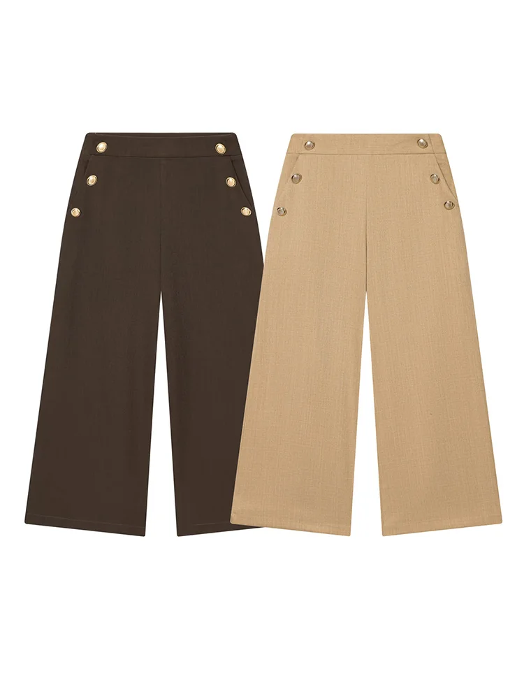 

HH Autumn Women Elegant Series Zipper Pockets Solid Button Decoration Trousers Female High Waist Street 2-Colors Wide-leg Pants