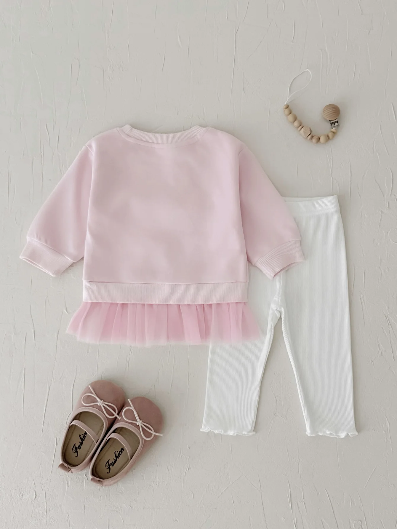 Little Girls Pink Ballet 3D Tulle Sweatshirt Set, Baby Spring‑Autumn Long‑Sleeve Top White Ribbed Ruffle Leggings 2‑Piece Outfit