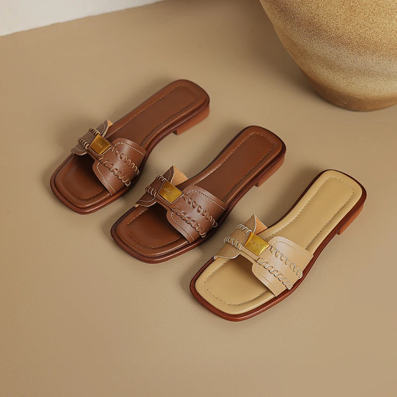 All Natural Leather Open Style One Line Strap Slippers Metal Decoration Fashionable Slippers Versatile Comfortable