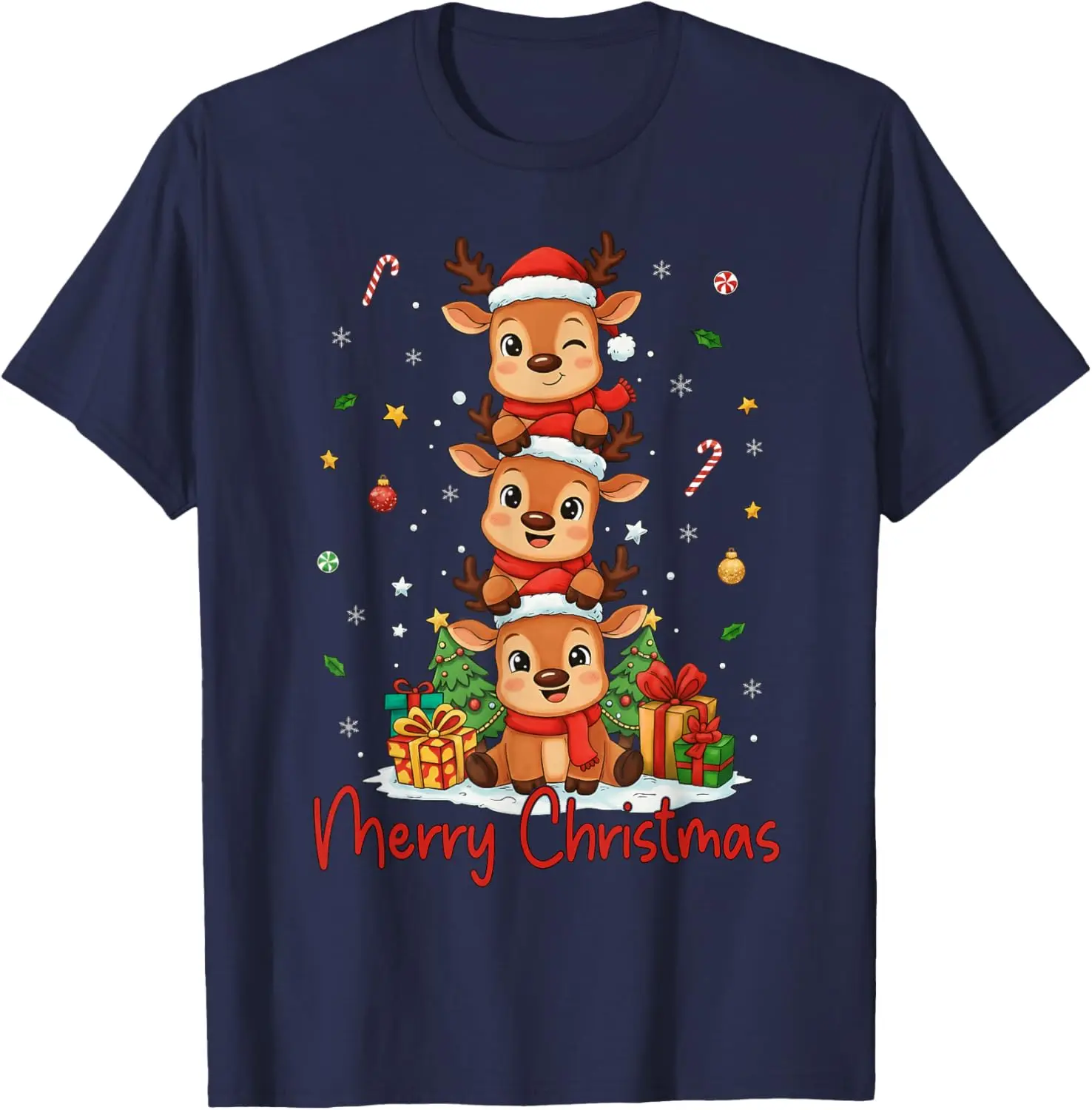 Merry Christmas Reindeer Santa Hat Xmas Family T-Shirt Crew Neck Short Sleeve Cotton All Seasons Casual Comfortable Breathable