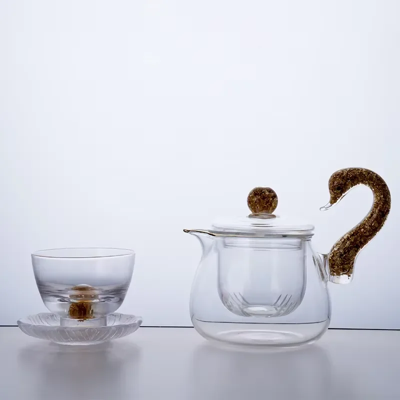Handmade Swan Glass Teapot and Cup Set 300ml with Gold Leaf Design Elegant Tea Ware Gift Box for Home Office Decoration