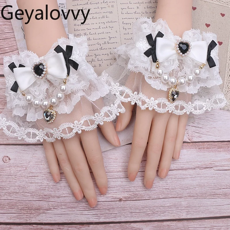 Penghangat Lengan Wanita Gaya Jepang Femme Manis dan Lucu Sehelai Kain Di Atas Wanita Aksesori Lolita Lengan Tangan Renda Pita untuk Anak Perempuan