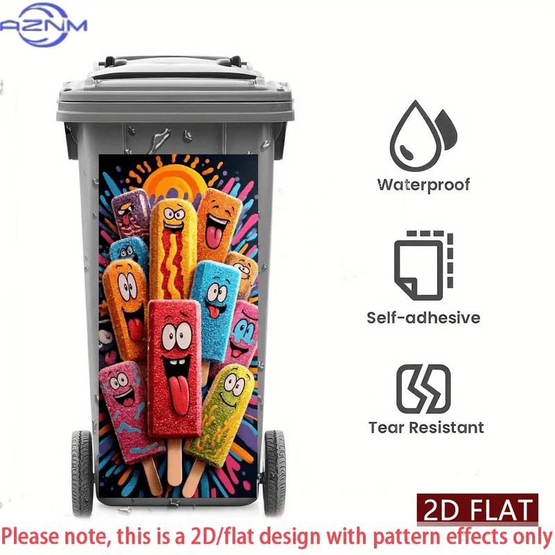 2D/FLAT-1pc Colorful Popsicle with Smiling Faces Trash Can Sticker Wall Sticker Self-Adhesive PVC Decorative Sticker High Glos