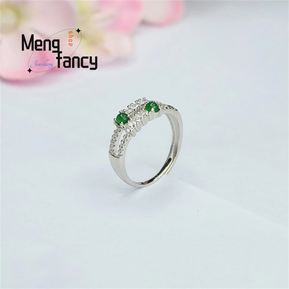 S925 Silver Inlaid Natural Jadeite Ice Type Imperial Green Finger Ring Exquisite Elegant Charm High-grade Luxury Fashion Jewelry