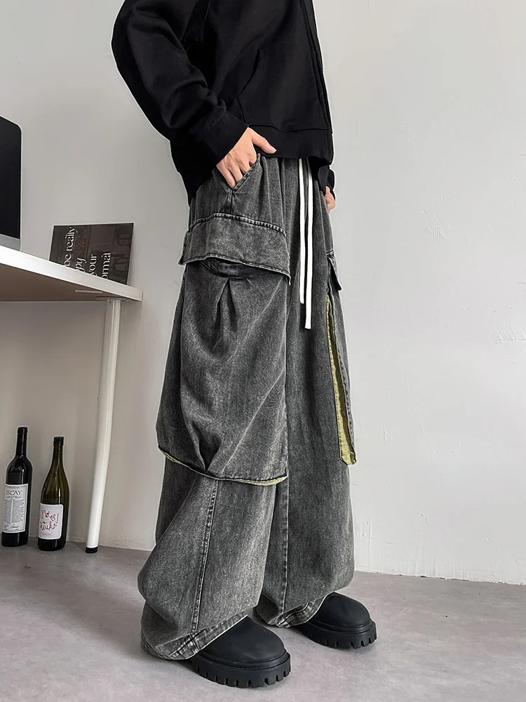 

Men's Spring Autumn Straight Leg Workwear Jeans Large kets American High Street Cool Design Loose Wide Leg Pants